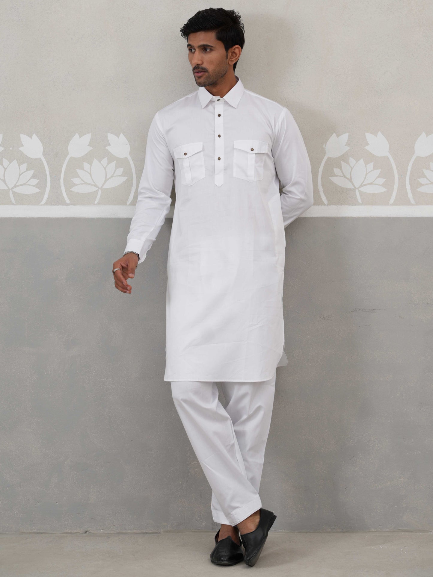 Men's Solid Pathani Kurta with Pyjama ( ANMKKP 189White )