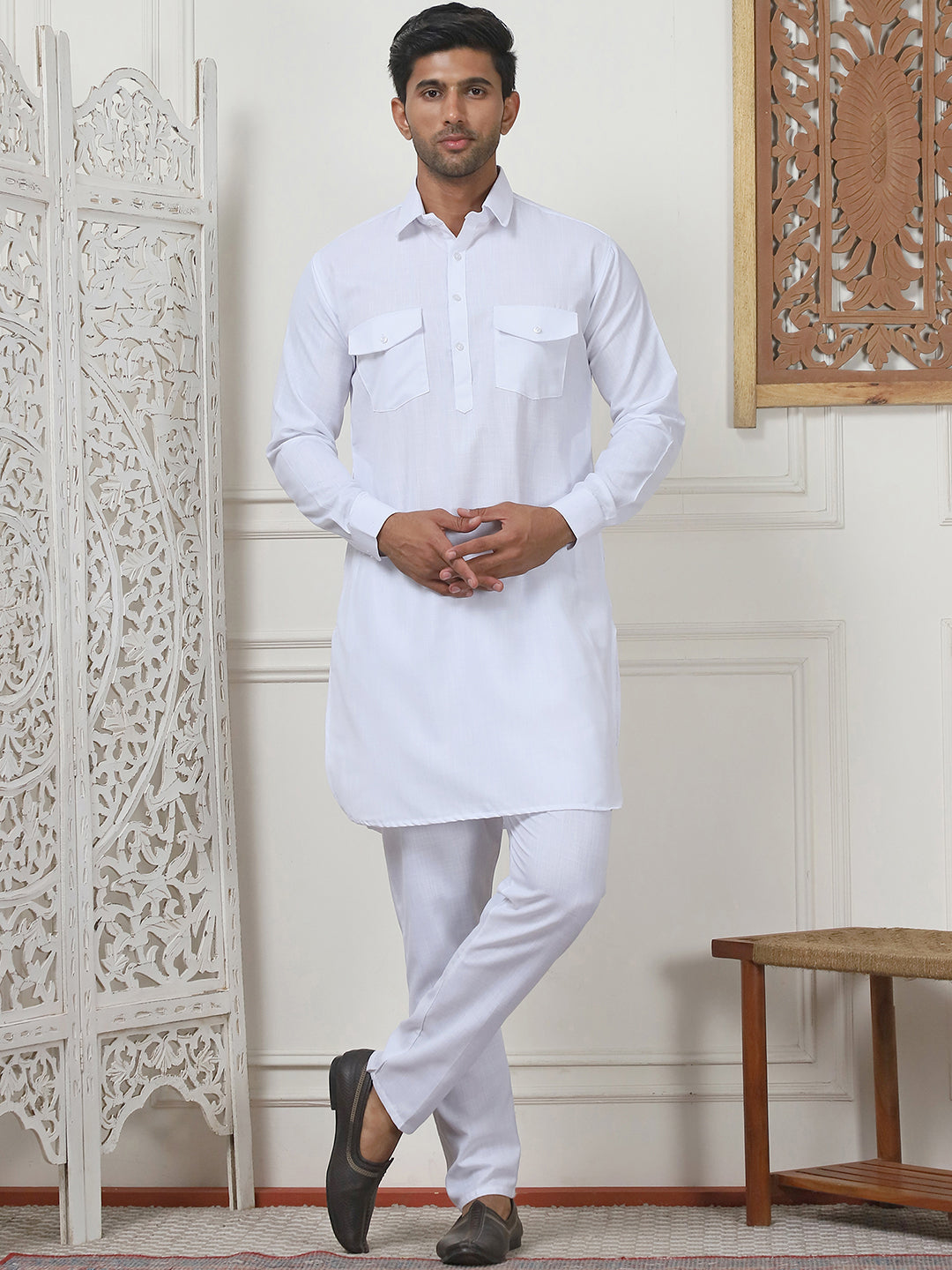 Men's Solid Pathani Kurta with Pyjama ( ANMKP 189White )