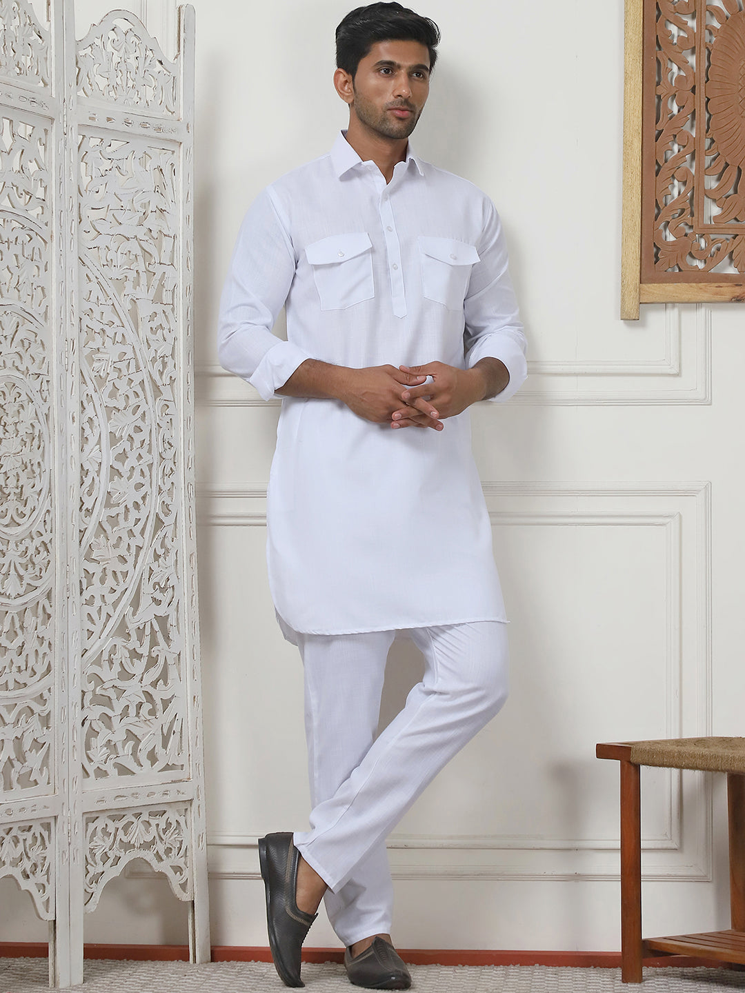 Men's Solid Pathani Kurta with Pyjama ( ANMKP 189White )