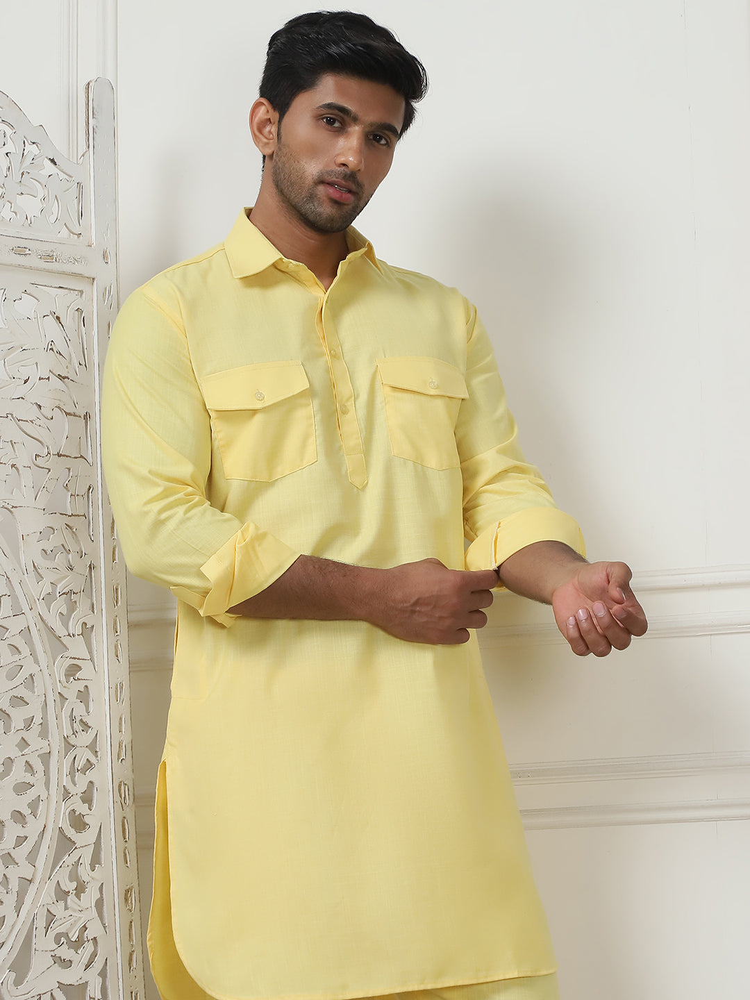 Men's Solid Pathani Kurta with Pyjama ( ANMKP 189Yellow )