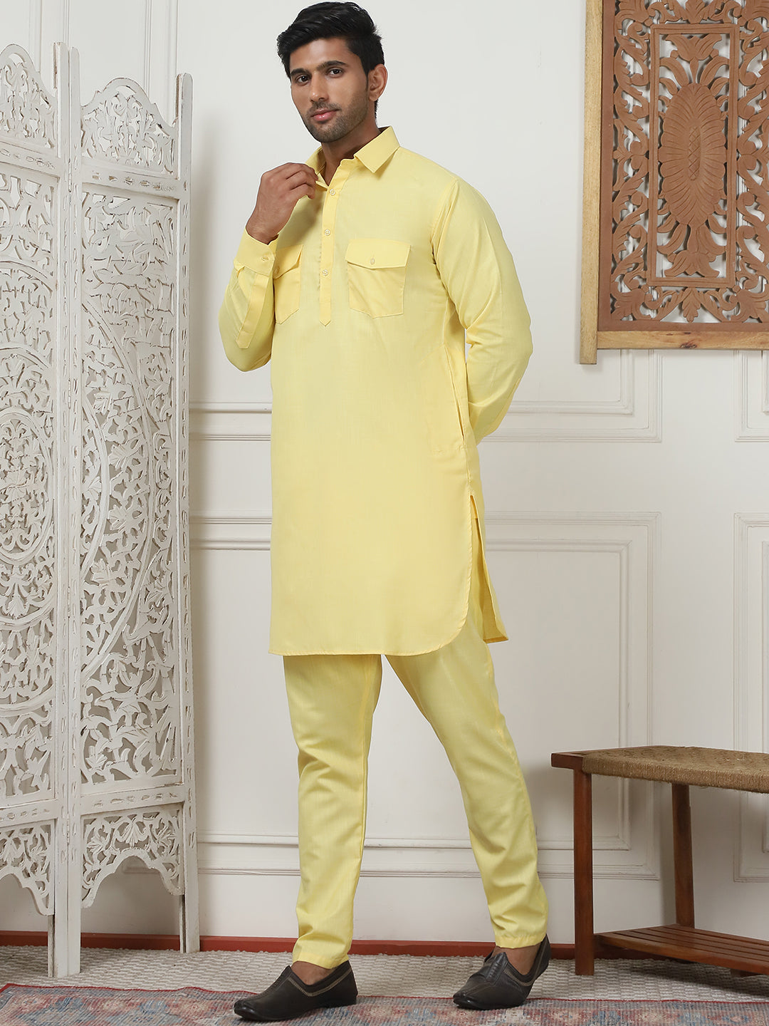 Men's Solid Pathani Kurta with Pyjama ( ANMKP 189Yellow )