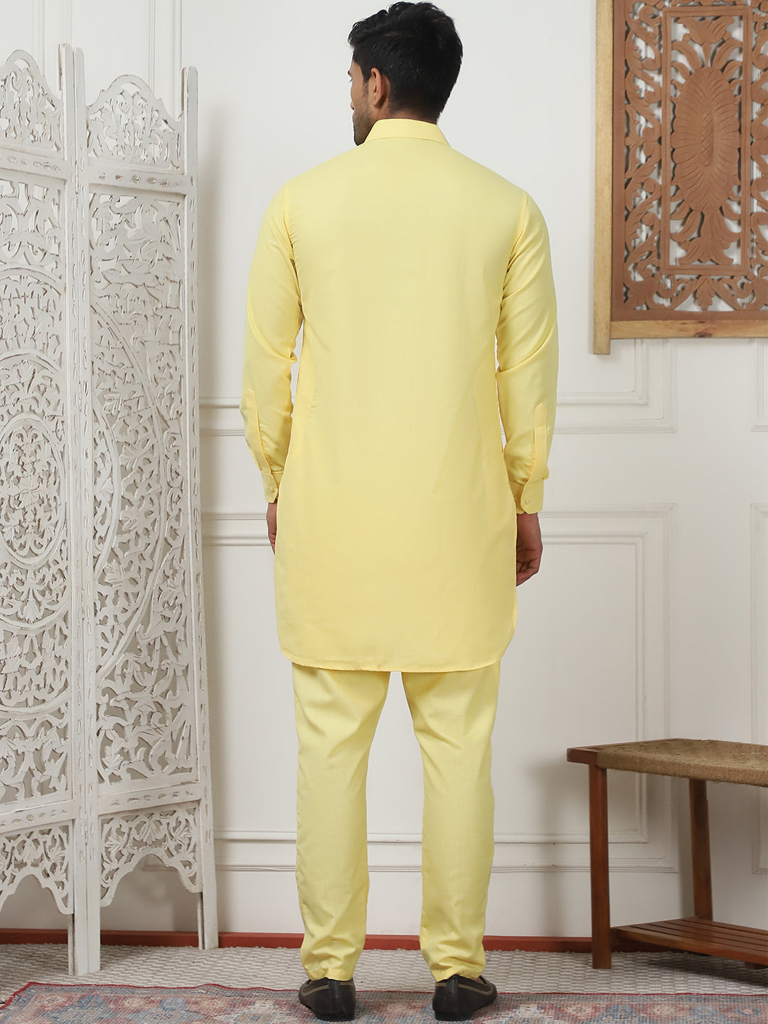 Men's Solid Pathani Kurta with Pyjama ( ANMKP 189Yellow )