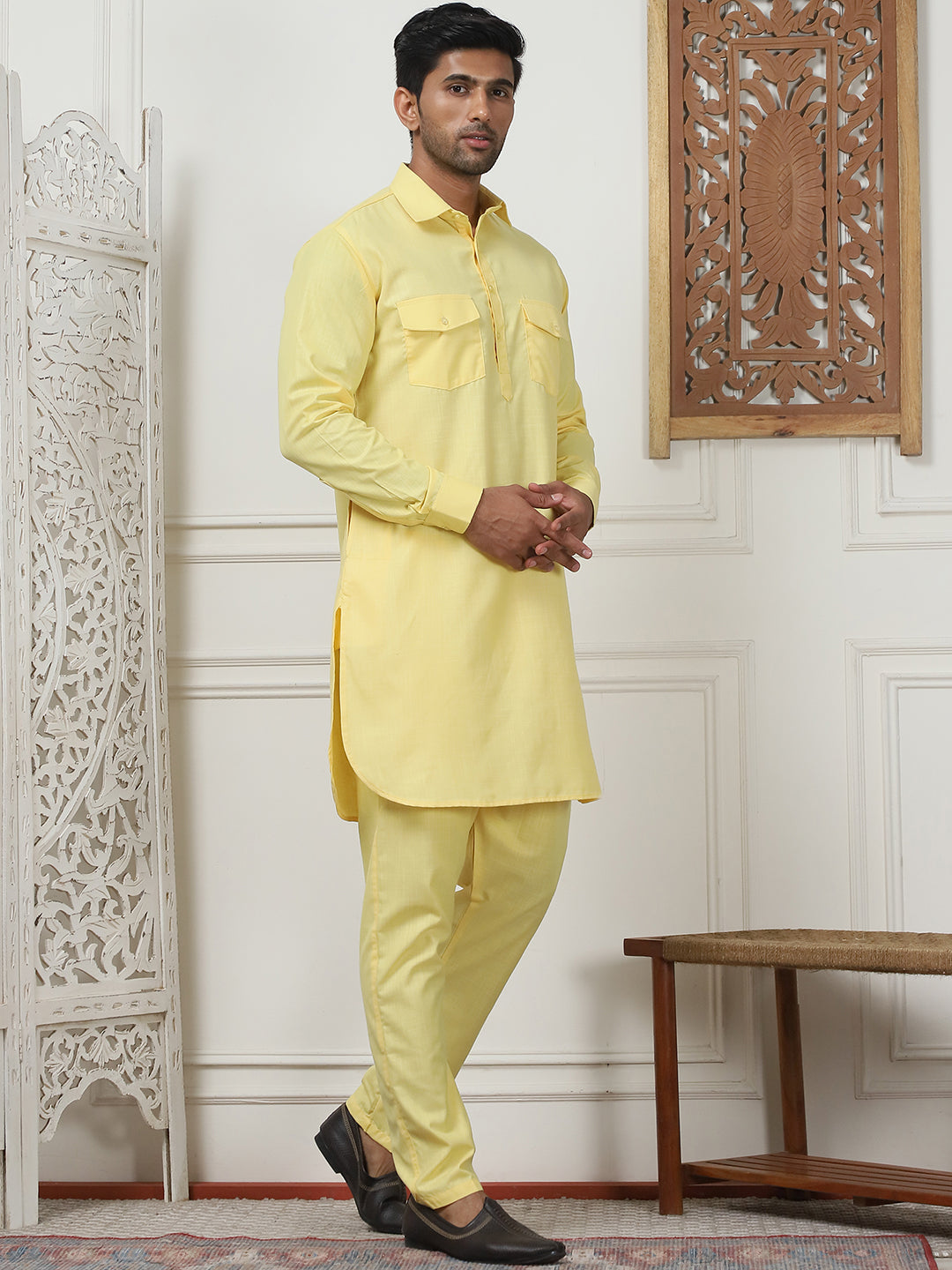 Men's Solid Pathani Kurta with Pyjama ( ANMKP 189Yellow )