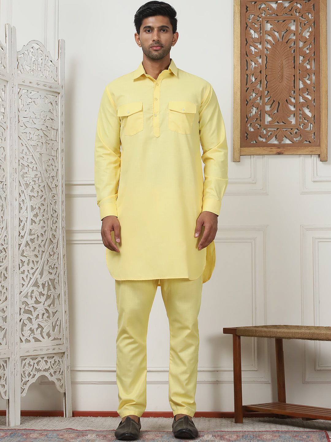 Men's Solid Pathani Kurta with Pyjama ( ANMKP 189Yellow )
