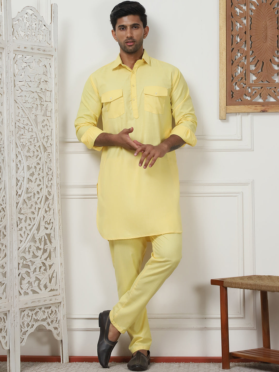 Men's Solid Pathani Kurta with Pyjama ( ANMKP 189Yellow )