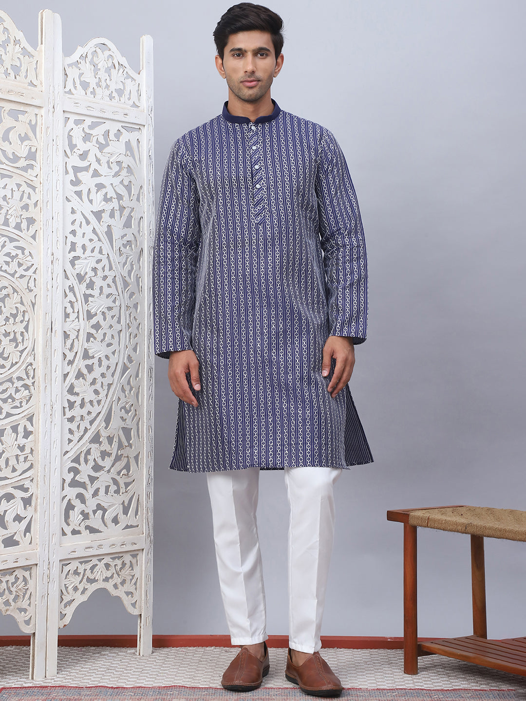 Men's Embroidered Straight Kurtas ( ANMKO 190Navy )  [RT] [A-6]