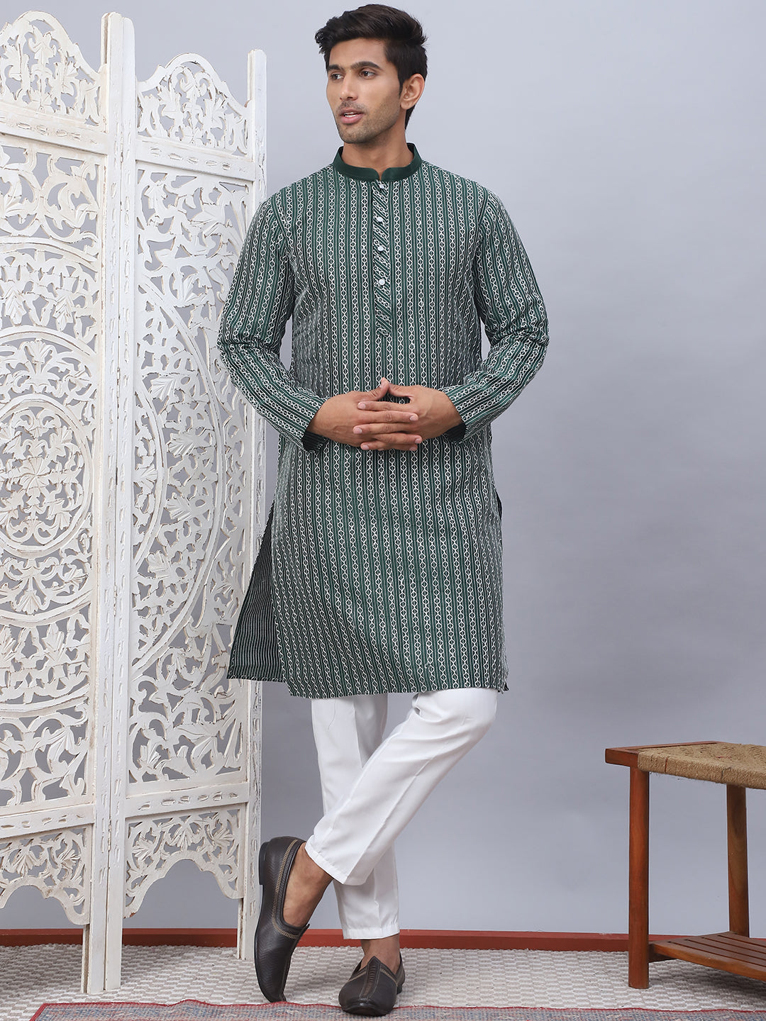 Men's Embroidered Straight Kurtas ( ANMKO 190Olive )  [RT] [A-6]