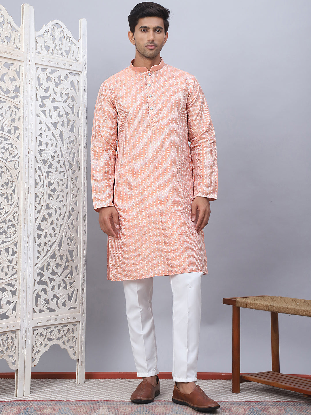 Men's Embroidered Straight Kurtas ( ANMKO 190Peach )  [RT] [A-6]