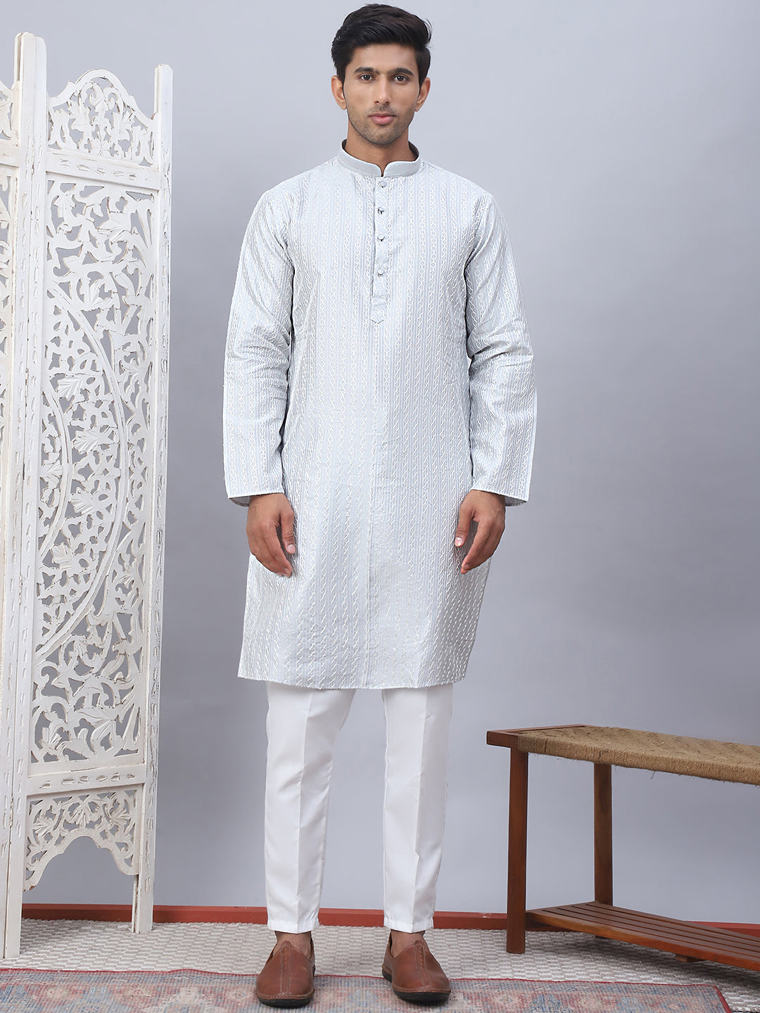 Men's Embroidered Straight Kurtas ( ANMKO 190Silver )  [RT] [A-6]