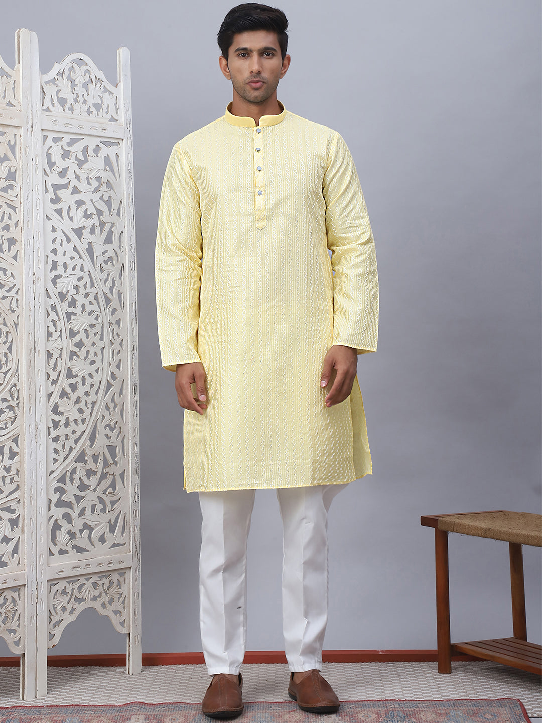Men's Embroidered Straight Kurtas ( ANMKO 190Yellow )  [RT] [A-6]