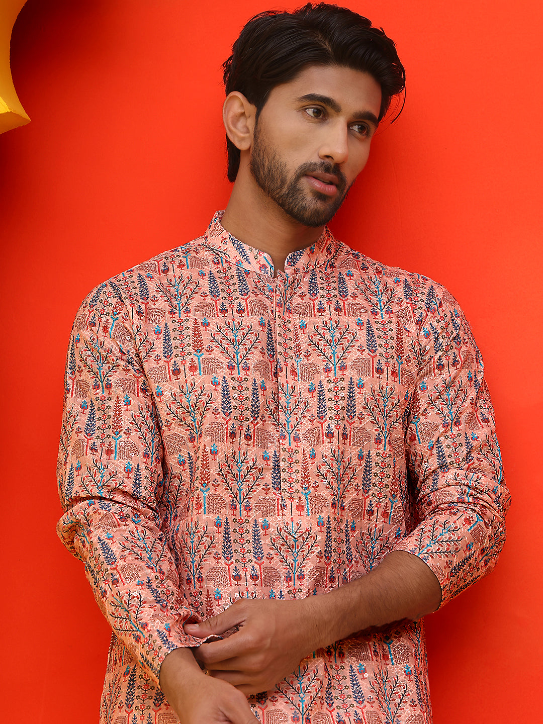 Embroidered Pure Cotton Kurtas For Men. ( AANMKO 196Peach )