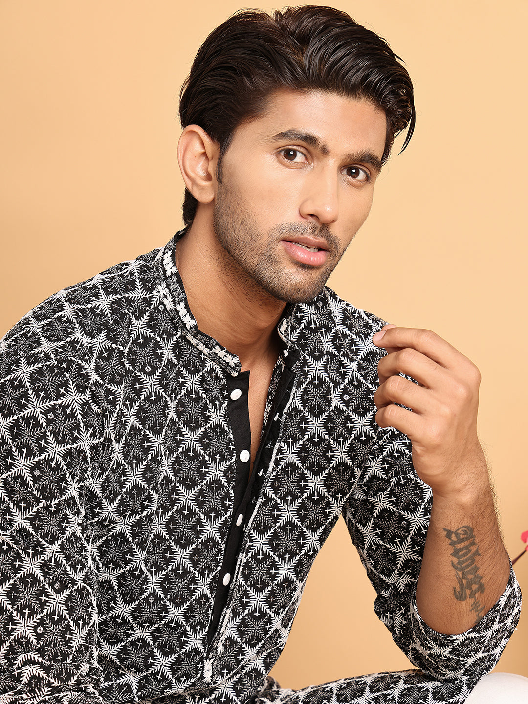 Embroidered Straight Kurtas for Men. ( ANMKO 199Black )  [RT] [A-1-2]