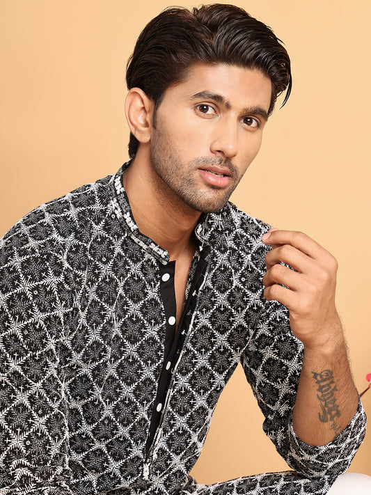 Embroidered Straight Kurtas for Men. ( ANMKO 199Black )  [RT] [A-1-2]