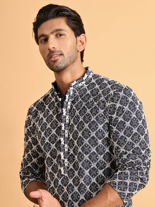 Embroidered Straight Kurtas for Men. ( ANMKO 199Navy )  [RT] [A-1-2]
