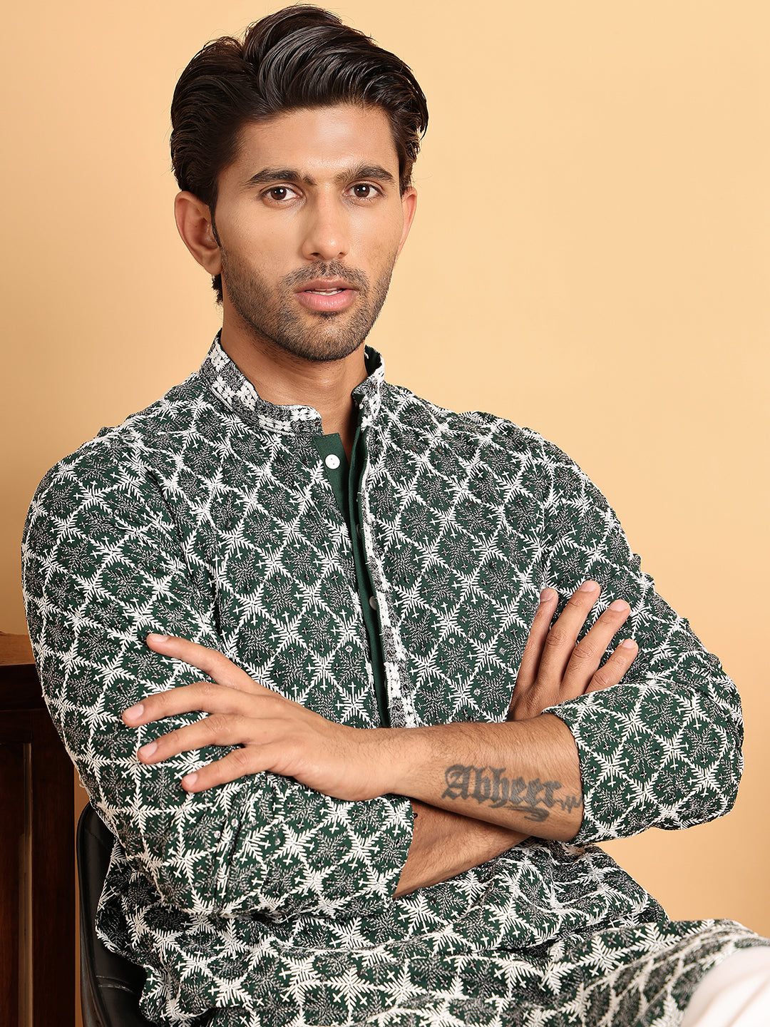 Embroidered Straight Kurtas for Men. ( ANMKO 199Olive )  [RT] [A-1-2]
