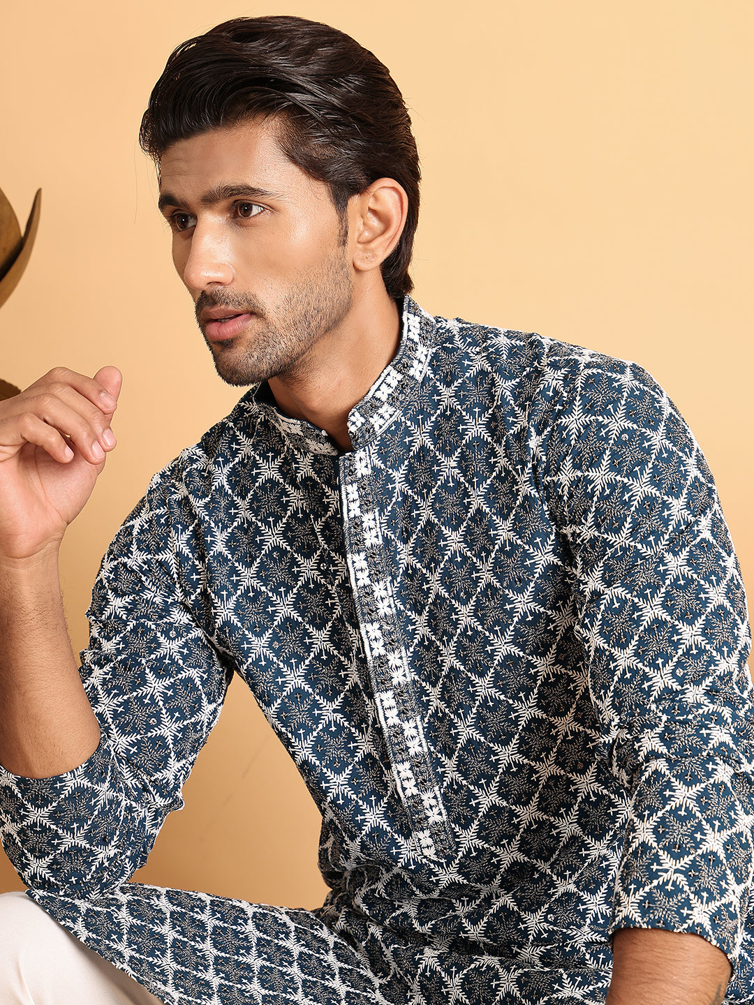 Embroidered Straight Kurtas for Men. ( ANMKO 199Peacock )  [RT] [A-1-2]
