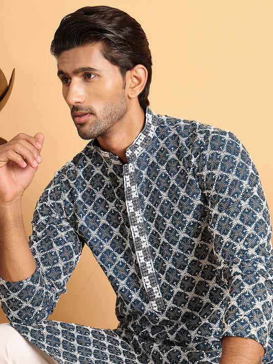 Embroidered Straight Kurtas for Men. ( ANMKO 199Peacock )  [RT] [A-1-2]