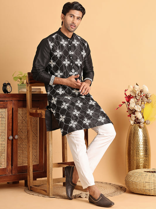 Embroidered Silk Blend Kurtas For Men ( ANMKO 204Black )  [RT] [K-7]