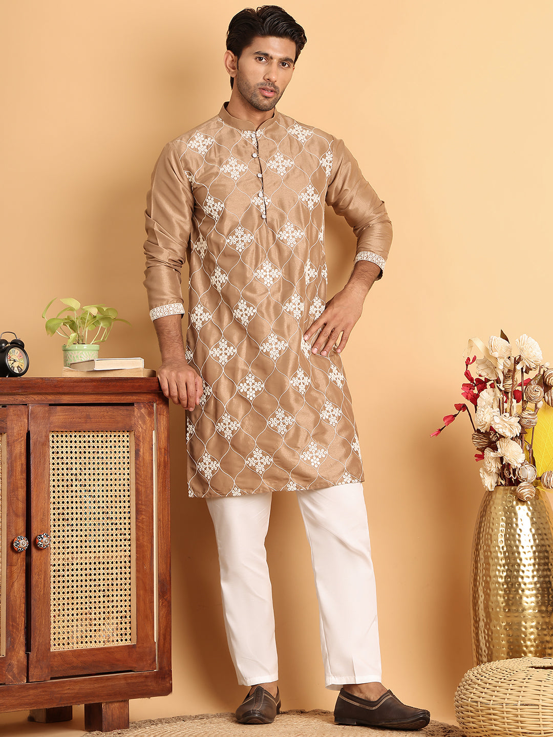 Embroidered Silk Blend Kurtas For Men ( ANMKO 204Brown )  [RT] [K-7]