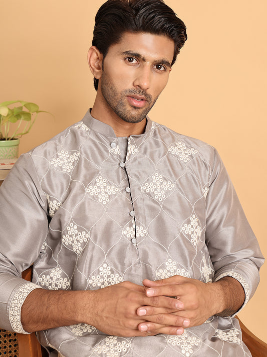 Embroidered Silk Blend Kurtas For Men ( ANMKO 204Silver )  [RT] [K-7]