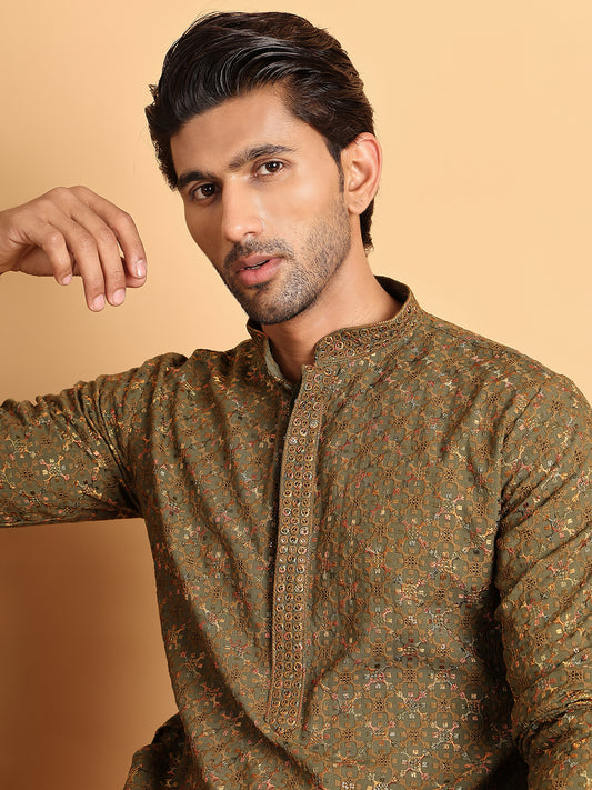 Embroidered Straight Kurtas For Men ( ANMKO 2O5Olive )