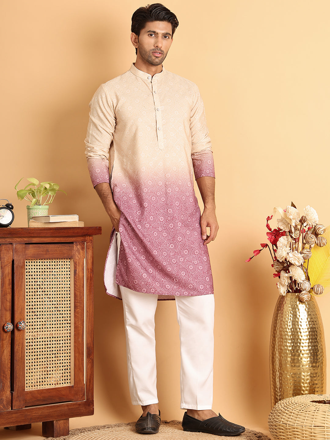 Men's Cream Ombre Printed Kurtas ( ANMKO 206Cream )  [RT] [P-13]