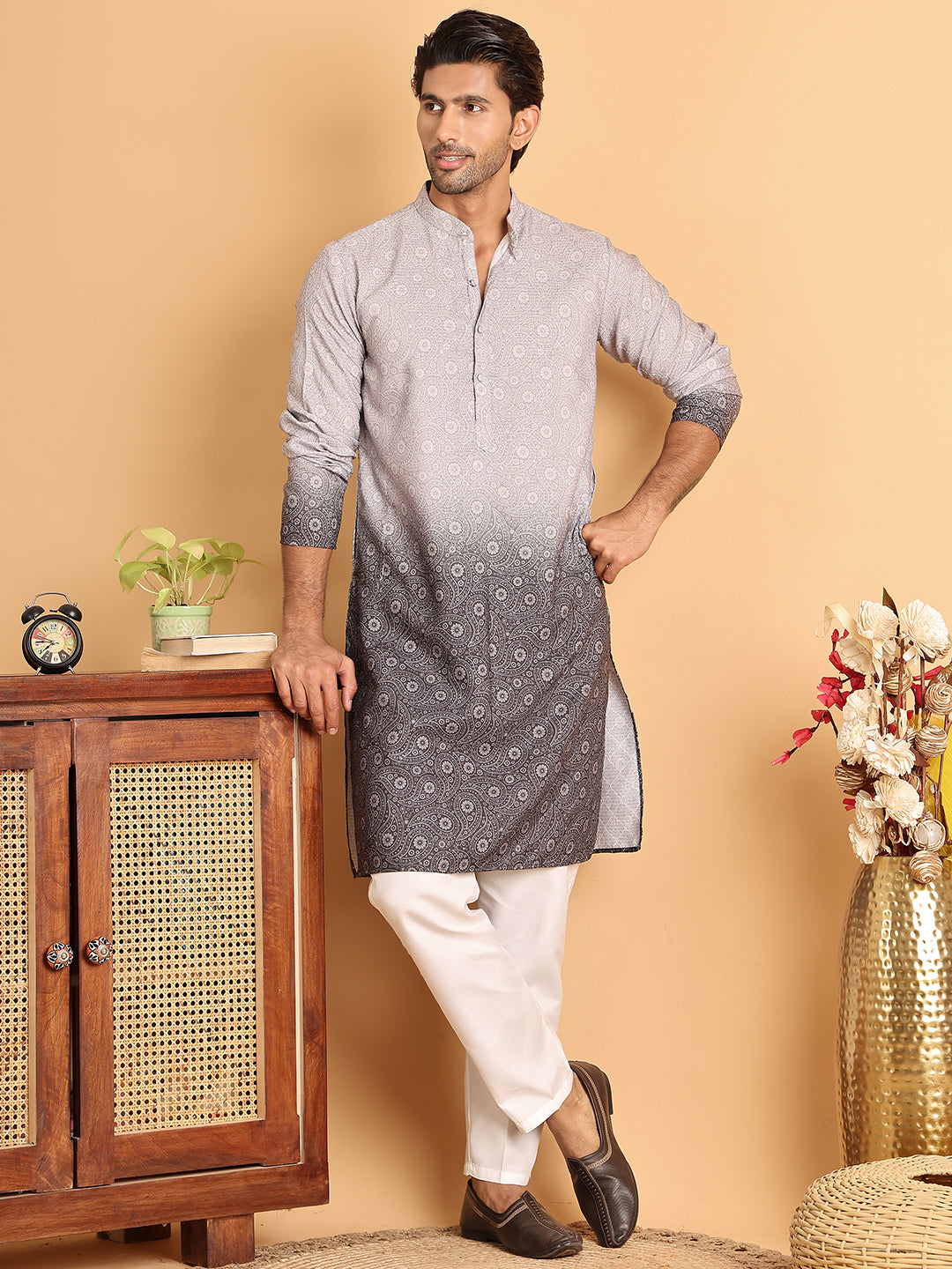 Men's Grey Ombre Printed Kurtas ( ANMKO 206Grey )  [RT] [P-13]