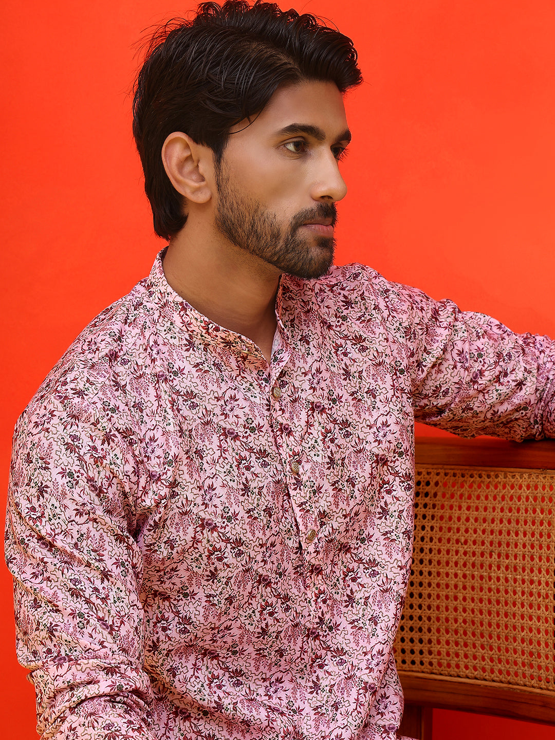 Floral Printed Mandarin Collar Long Sleeves Kurta ( ANMKO 207Pink )  [RT] [G-9]