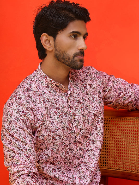 Floral Printed Mandarin Collar Long Sleeves Kurta ( ANMKO 207Pink )  [RT] [G-9]