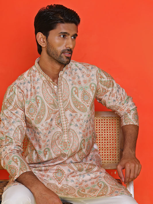 Paisley Printed Mandarin Collar Kurta For Men ( ANMKO 209Beige )  [RT] [P-14]