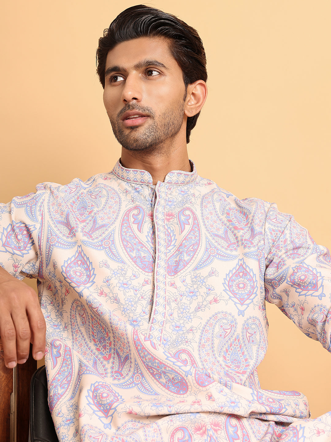 Men's Paisley Printed Kurtas ( ANMKO 209Cream )  [RT] [P-14]
