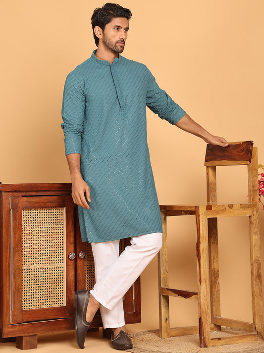 Embroidered Thread Work Straight Kurtas for Men ( ANMKO 214Teal )  [RT] [P-14]
