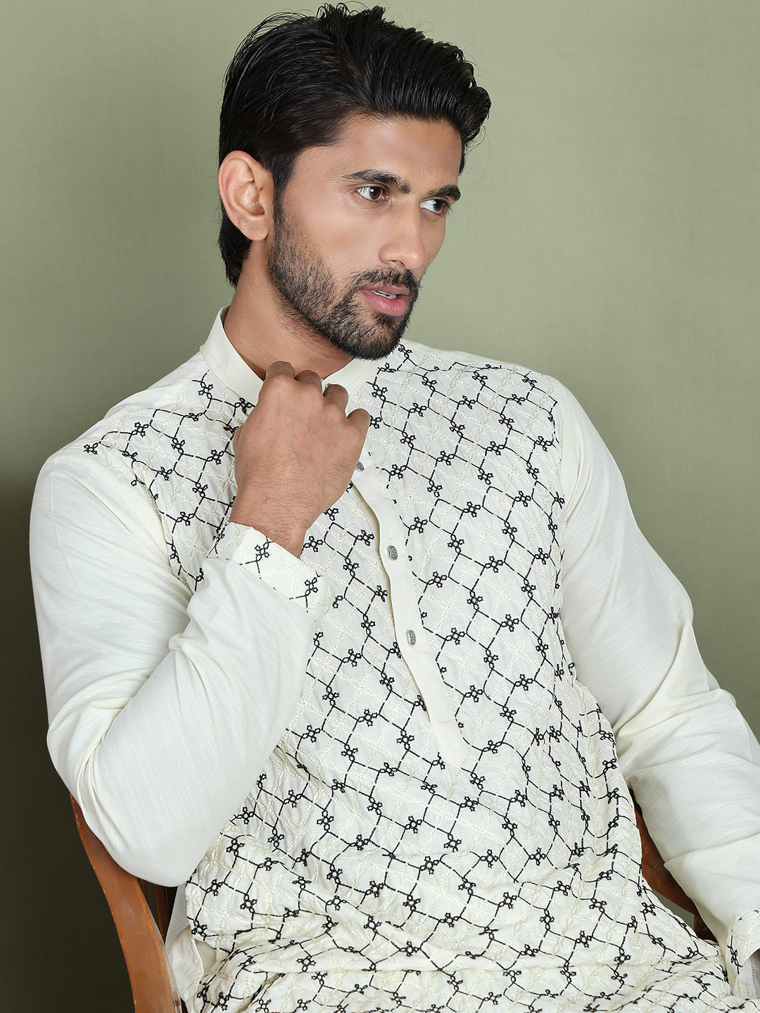 Embroidered Kurtas For Men ( ANMKO 215Off-White )  [RT] [A-6]