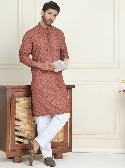Embroidered & Sequins Straight Kurtas For Men ( ANMKO 223Brown ) [RT] [P-14]