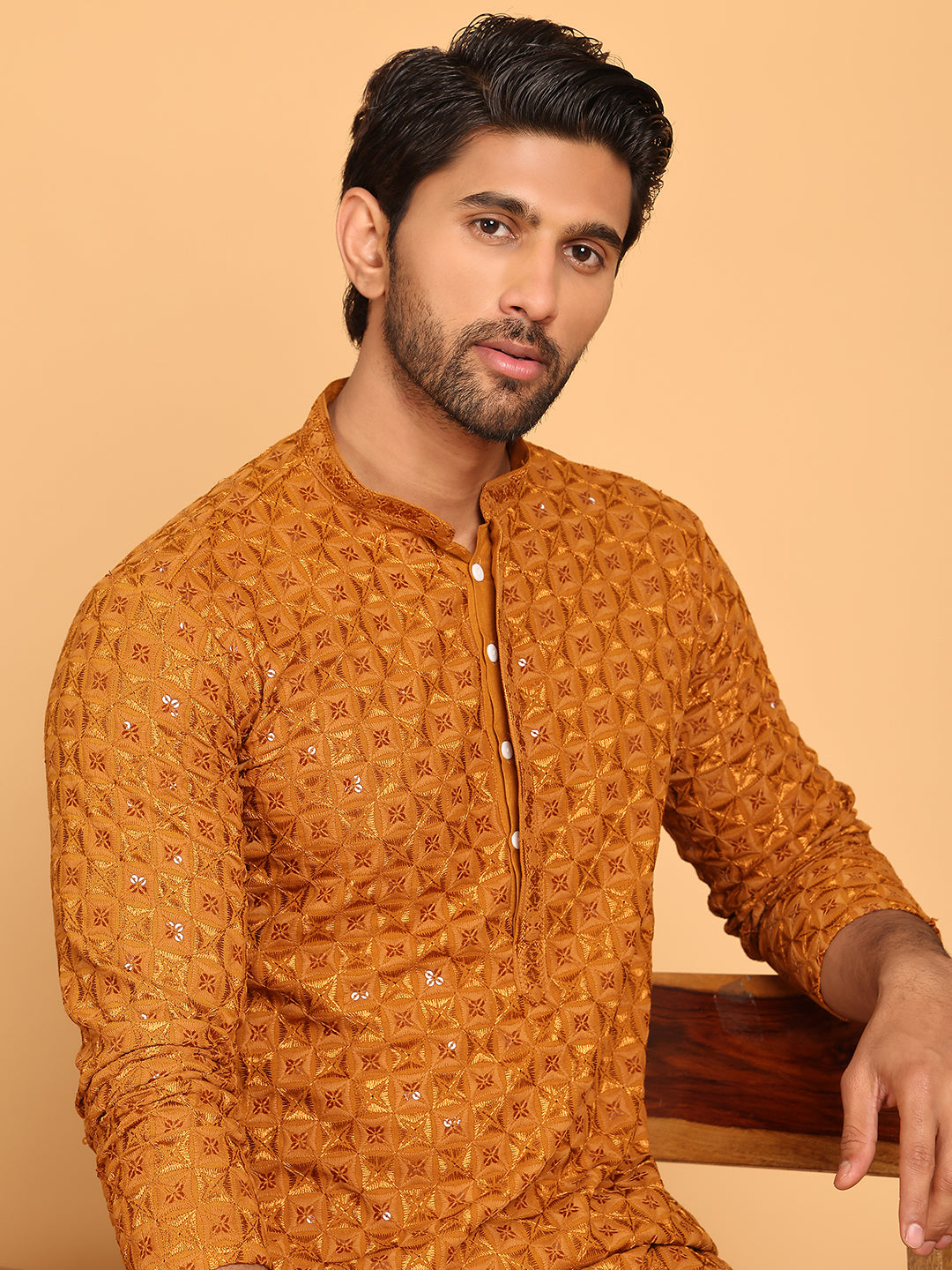 Embroidered & Sequins Straight Kurtas For Men ( ANMKO 223Mustard ) [RT] [P-14]