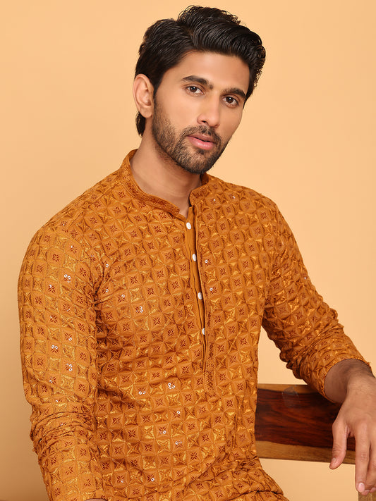 Embroidered & Sequins Straight Kurtas For Men ( ANMKO 223Mustard ) [RT] [P-14]