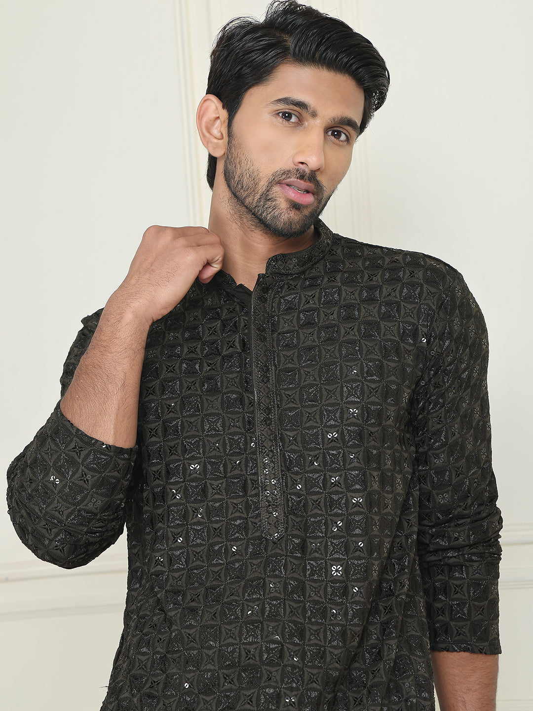 Embroidered & Sequins Straight Kurtas For Men ( ANMKO 223Olive ) [RT] [P-14]