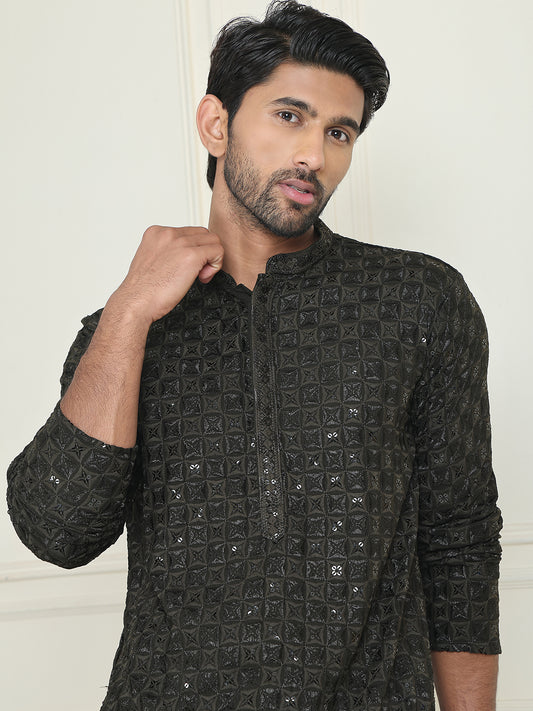 Embroidered & Sequins Straight Kurtas For Men ( ANMKO 223Olive ) [RT] [P-14]