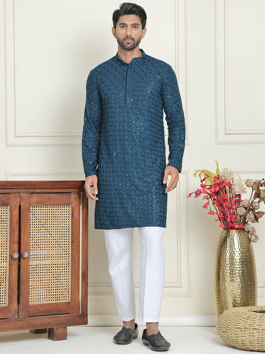 Embroidered & Sequins Straight Kurtas For Men ( ANMKO 223Peacock ) [RT] [P-14]