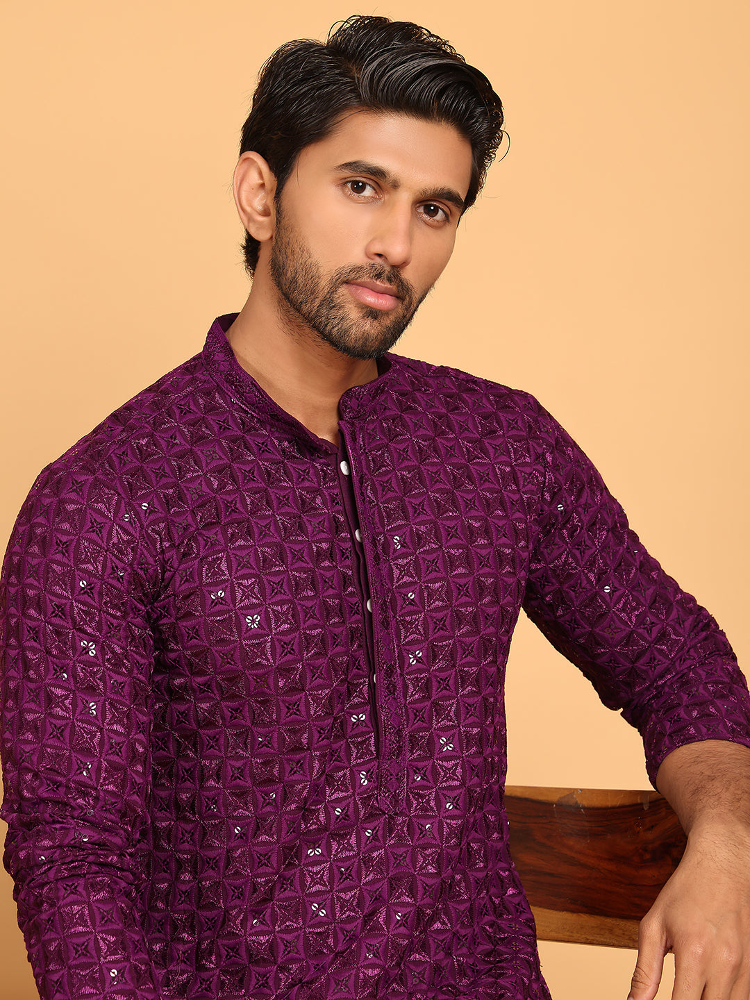 Embroidered & Sequins Straight Kurtas For Men ( ANMKO 223Purple ) [RT] [P-14]