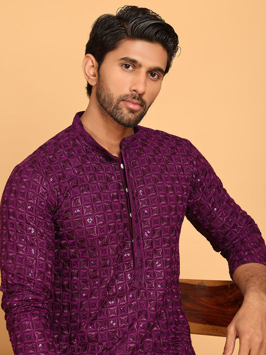 Embroidered & Sequins Straight Kurtas For Men ( ANMKO 223Purple ) [RT] [P-14]