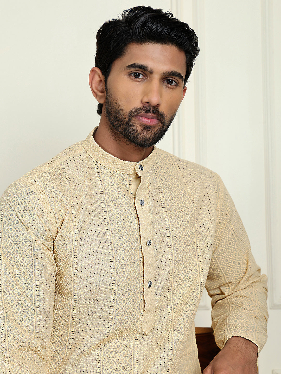 Embroidered Pure Cotton Straight Kurtas For Men ( ANMKO 227Beige )  [RT] [L-8]