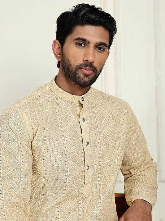 Embroidered Pure Cotton Straight Kurtas For Men ( ANMKO 227Beige )  [RT] [L-8]