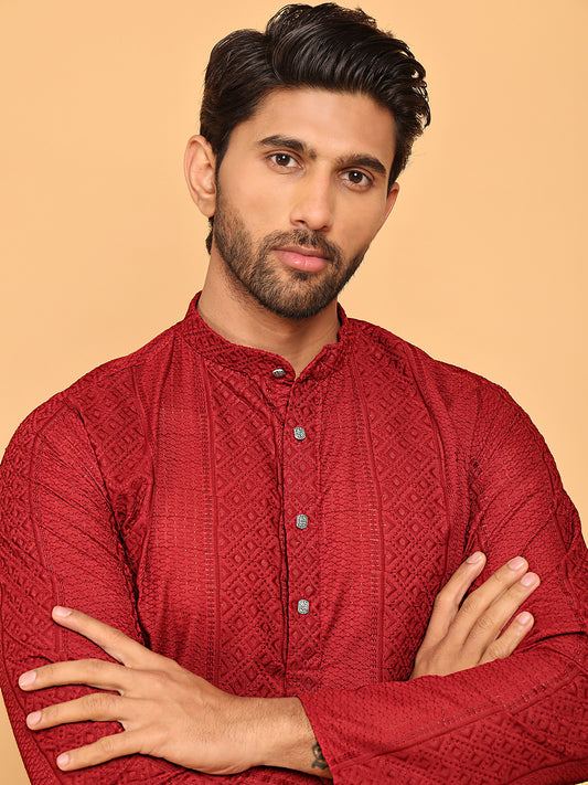Embroidered Pure Cotton Straight Kurtas For Men ( RANMKO 227Maroon )