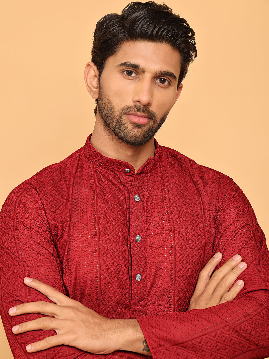 Embroidered Pure Cotton Straight Kurtas For Men ( ANMKO 227Maroon )  [RT] [L-8]