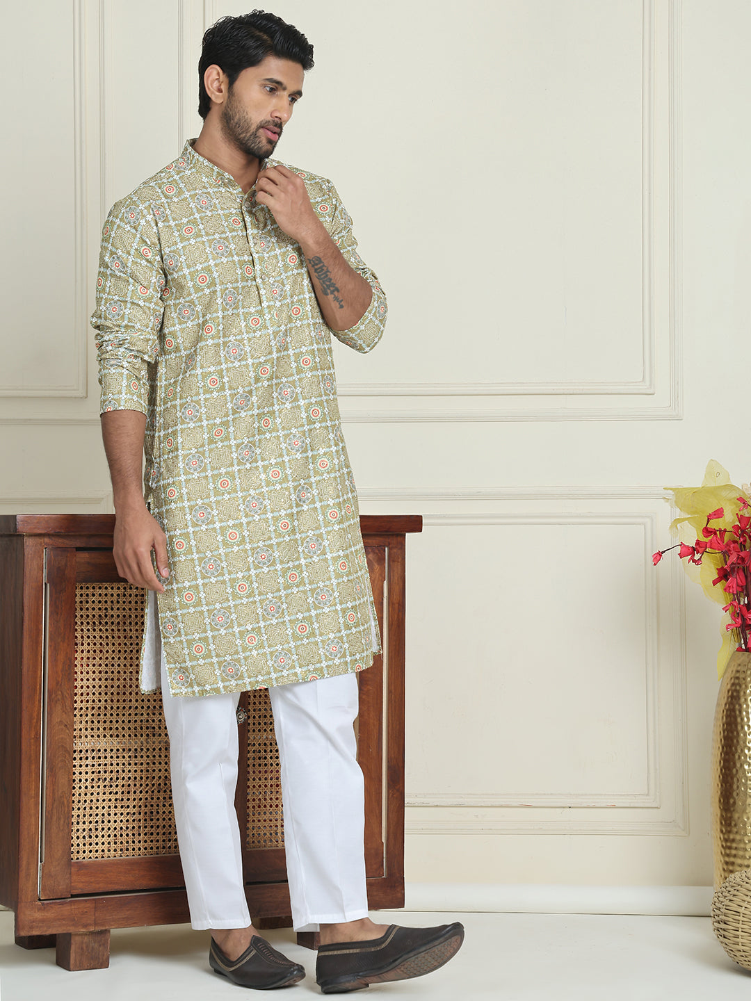 Printed and Embroidered Kurtas. ( ANMKO 228Olive )  [RT] [P-14]