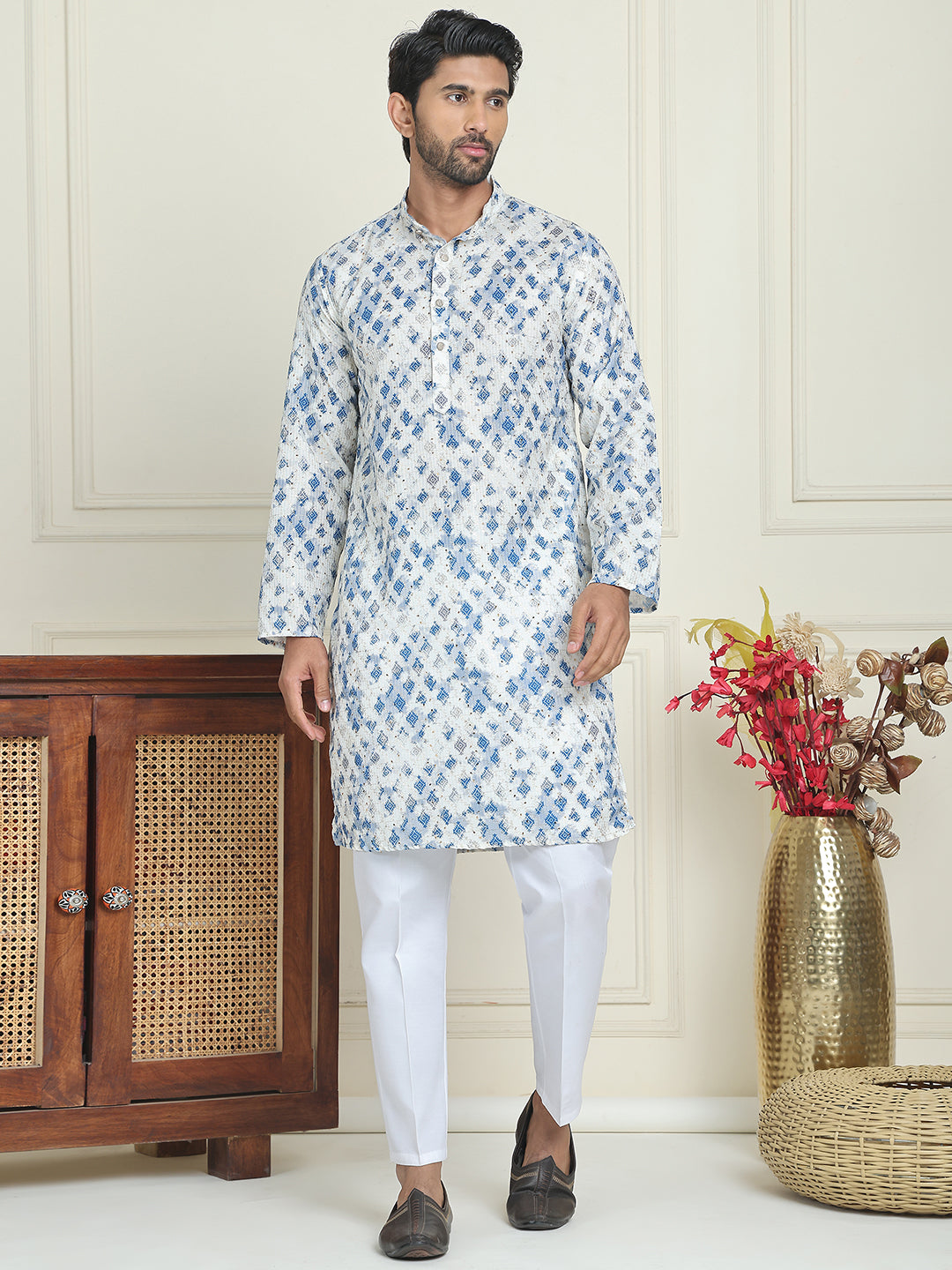 Printed and Embroidered Kurtas for Men ( ANMKO 231Blue )  [RT] [K-1]
