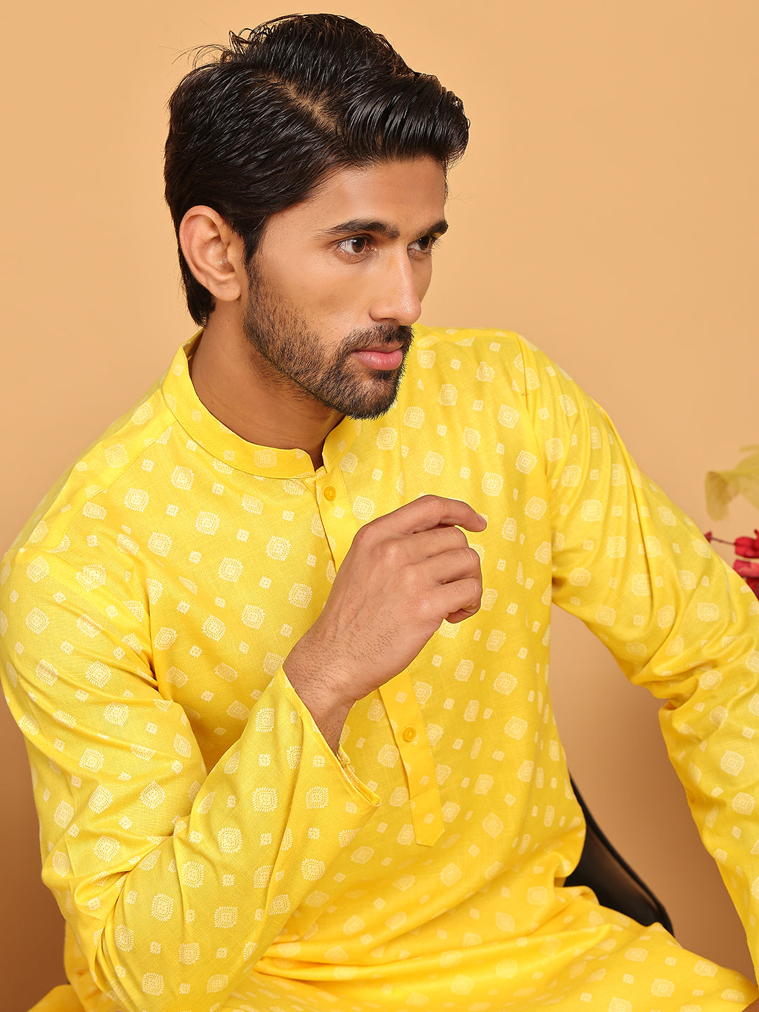 Men's Printed Cotton Blend Kurtas ( RANMKO 234Yellow )