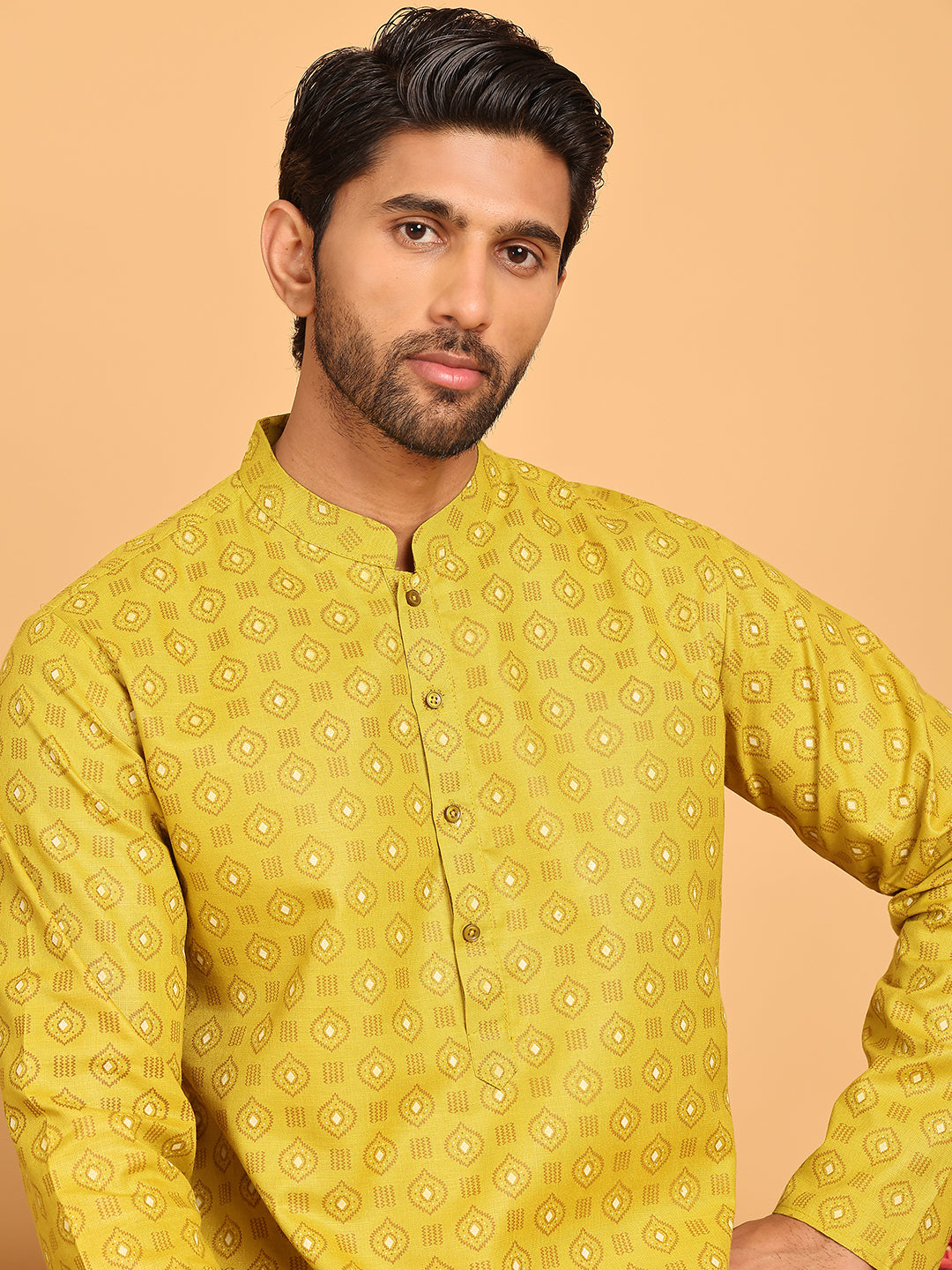 Men's Printed Cotton Blend Kurtas ( RANMKO 235Olive )