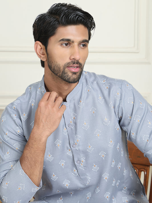 Printed Cotton Blend Kurtas for Men ( AAMKKO 236Grey )